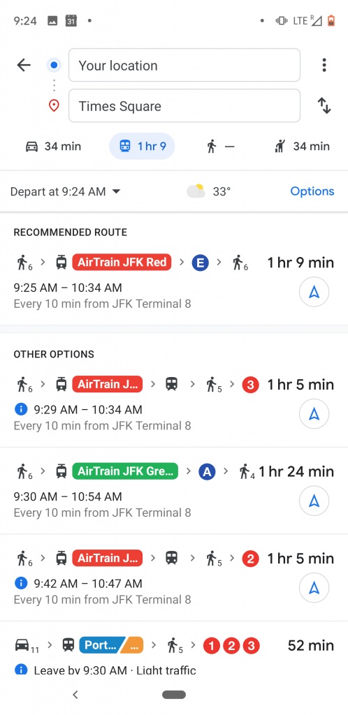 Itinerário JFK a Manhattan pelo Google Maps