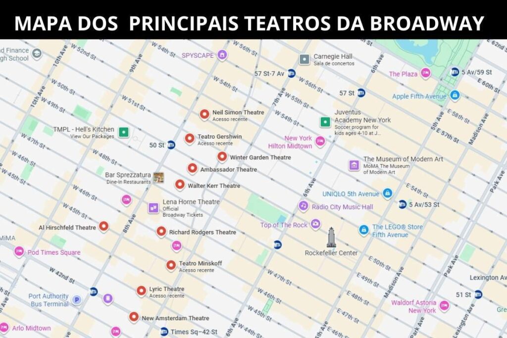 Mapa do distrito teatral da Broadway em Manhattan, mostrando a localização dos principais teatros onde acontecem os musicais da Broadway