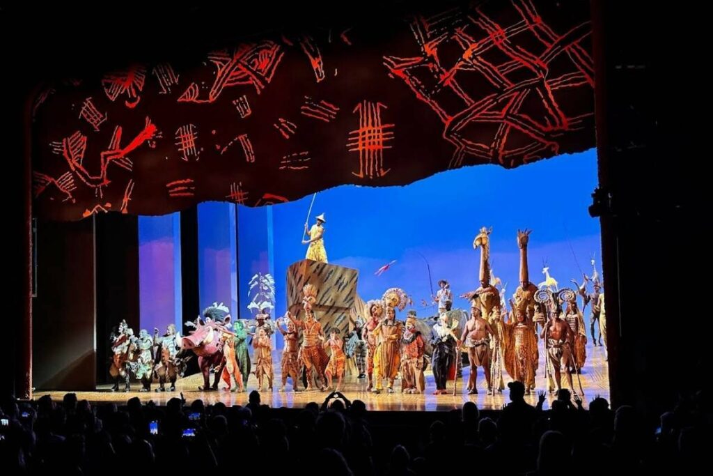 Público aplaudindo em pé ao final de um musical da Broadway, mostrando a atmosfera emocionante e a conexão entre artistas e espectadores