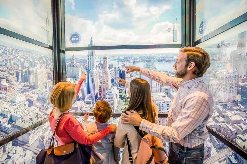A bustling scene in New York City, with the iconic Empire State Building and Statue of Liberty prominent in the background. In the foreground, a group of tourists excitedly stand in line to purchase tickets for various attractions, their expressions radiating anticipation. The middle ground features a mix of pedestrians and street vendors, creating a lively, energetic atmosphere. Warm afternoon lighting bathes the scene, casting a golden glow and accentuating the architectural details of the surrounding buildings. The composition emphasizes the excitement and energy of exploring New York's must-see sights, inviting the viewer to join in the adventure. comprando ingressos com a get your guide