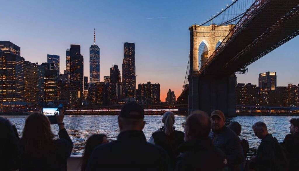 Skyline de Manhattan iluminado a noite visto do Barco da Circle Line