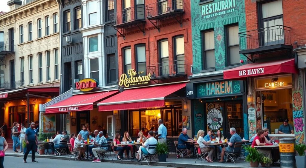 Cena de rua em Harlem, Nova York, com pessoas comendo em restaurantes de soul food, rodeadas por prédios típicos e murais coloridos.