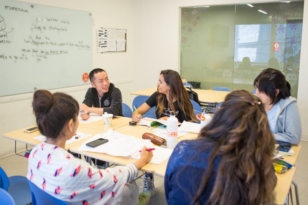 Grupo de jovens estudando inglês juntos em uma sala de aula em Nova York.