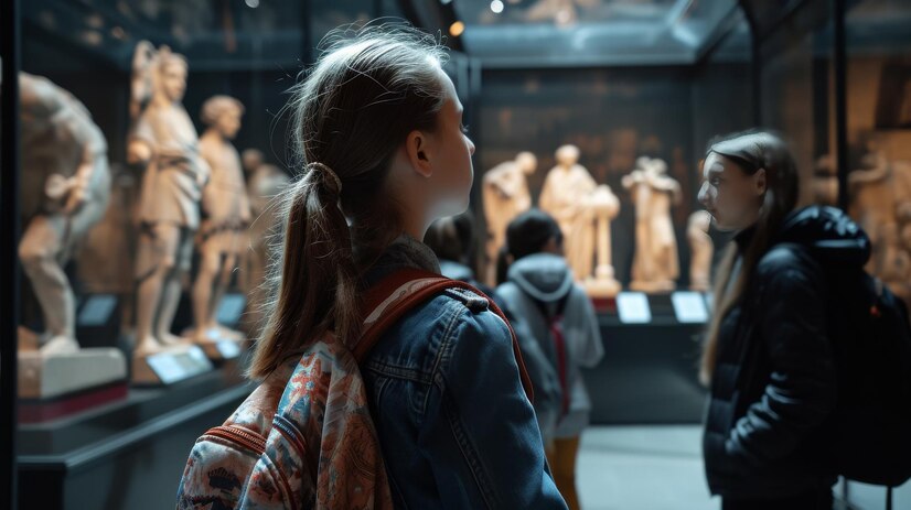 roteiro de estudo e cultura em nova York. jovems admirando obras expostas em um museu em nova york