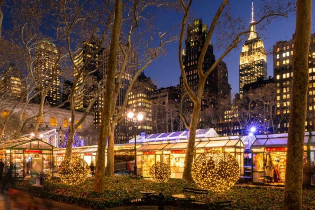 Cena do Bryant Park durante o inverno com mercado de Natal, 