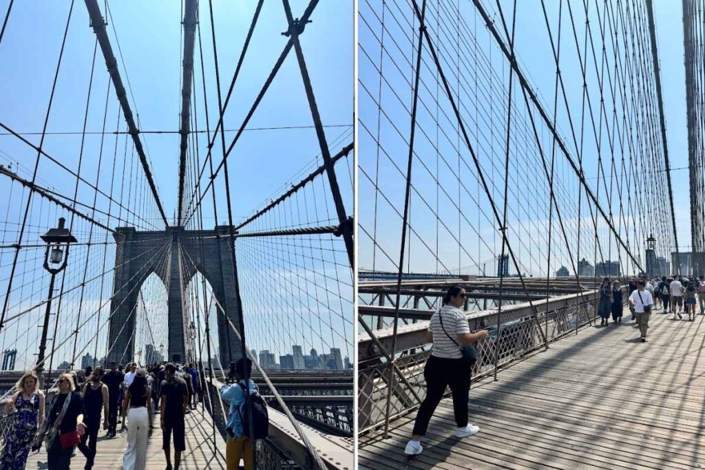 fogo-montagem: à esquerda, pessoas atravessando a brooklyn bridge, e à direita, eu na brooklyn bridge - fotos autorais