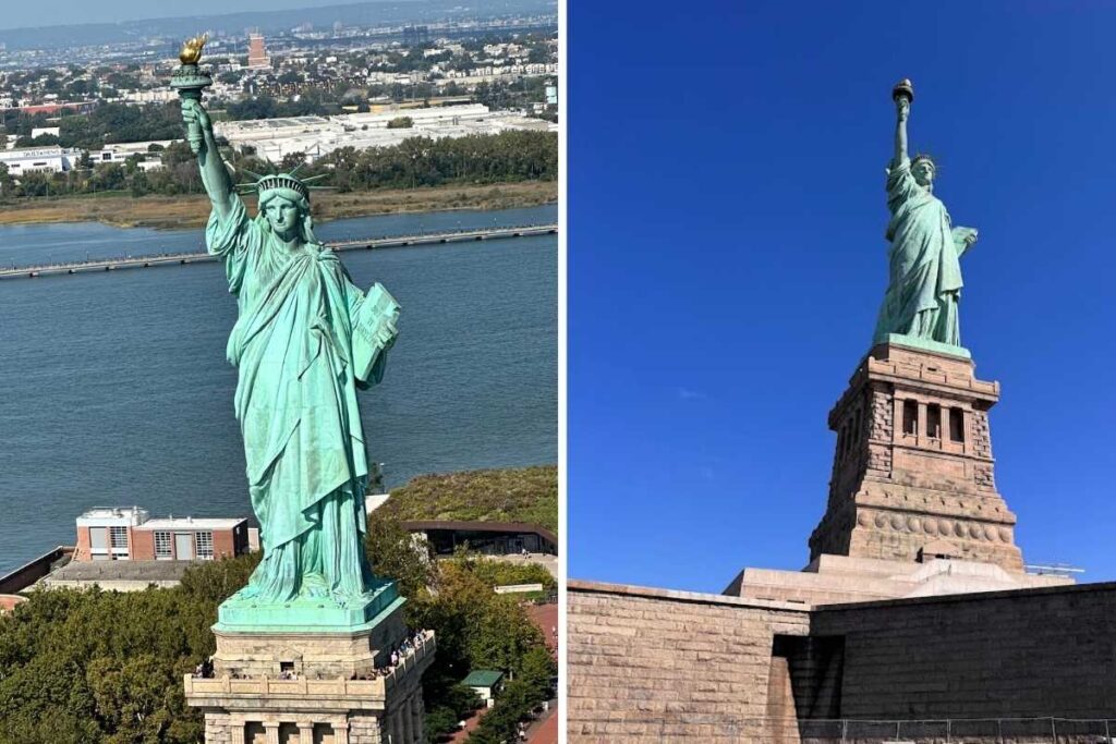 montagem de fotos da Estátua da liberdade.à esquerda vista aérea, à direita vista terrestre na Liberty Island. fotos autorais