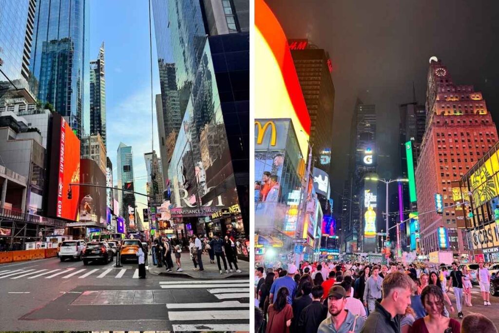 montagem de fotos da times square. à esquerda foto durante o dia, e a direita foto durante a noite. fotos autorais