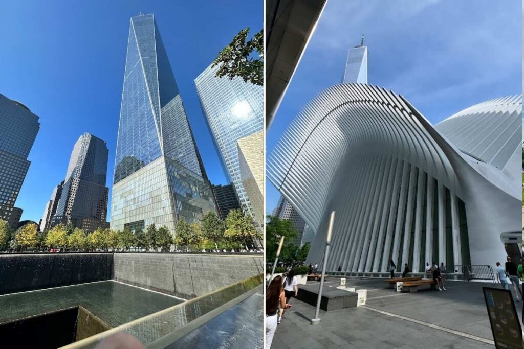 foto montagem: à esquerda, 9/11 Memorial com o One World Trade Center ao fundo, e à direita o Oculus. fotos autorais